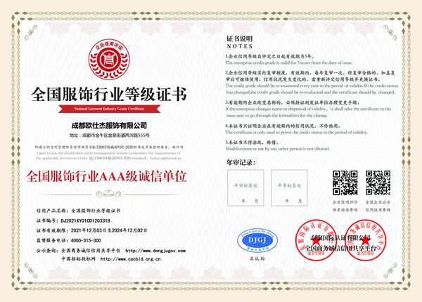 全國服飾行業誠信單位